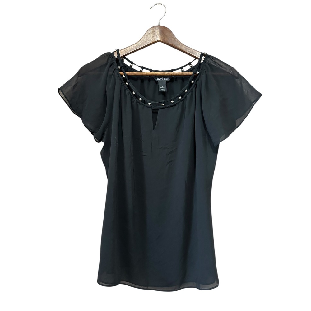 White House Black Market Black Sheer Embellished Neckline Flutter Sleeve Size S
